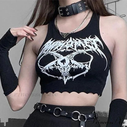 Black Knitted Grunge Punk Goth Goat Head Print Summer Sexy Sleeveless O-neck Crop Top Black / S
