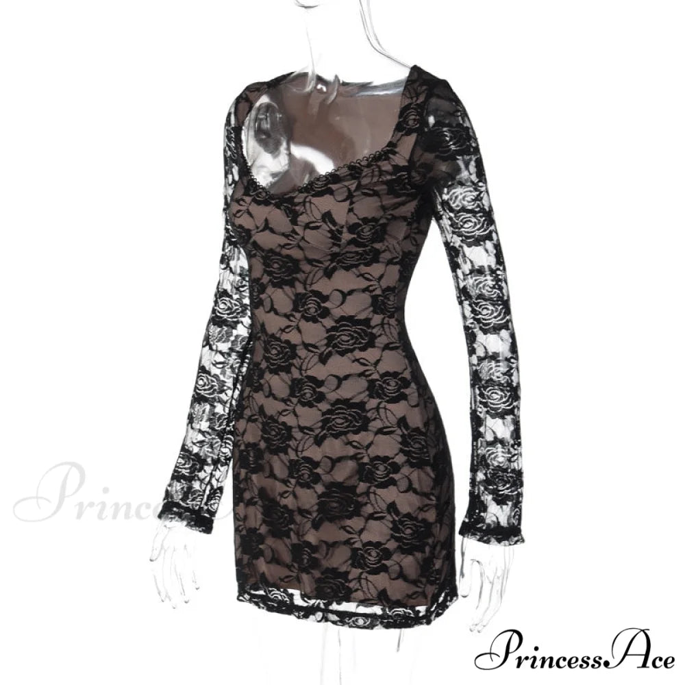 Black Lace Layered Charming Long Sleeve Mini Dress