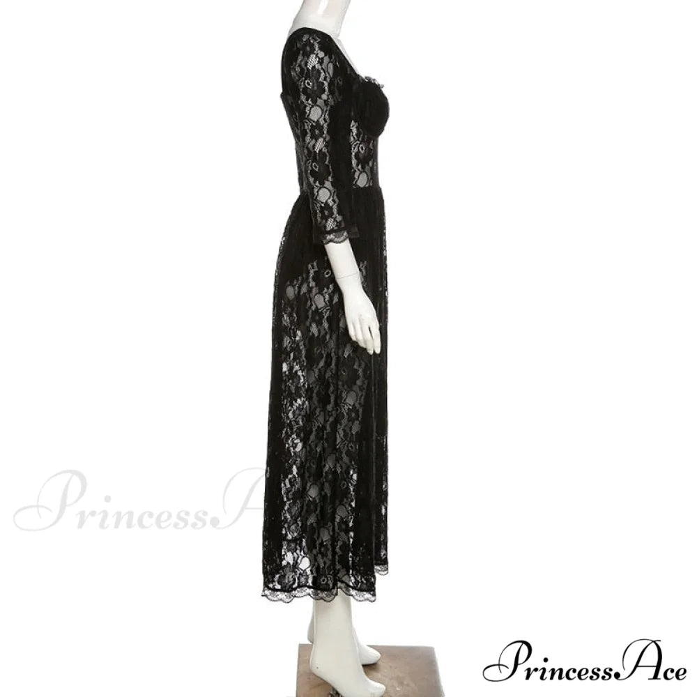 Black Lace Mesh Charming Long Sleeve Midi Dress