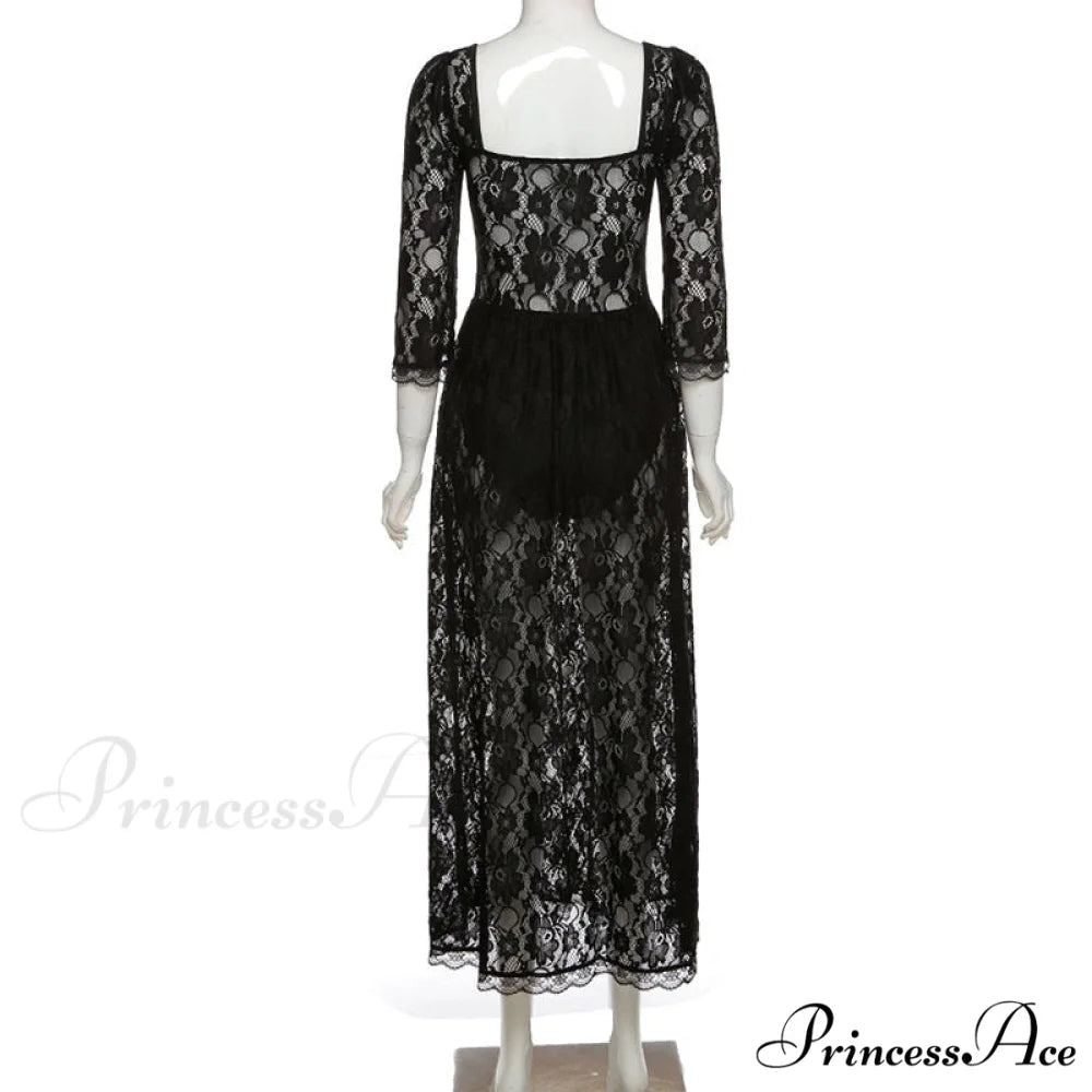 Black Lace Mesh Charming Long Sleeve Midi Dress