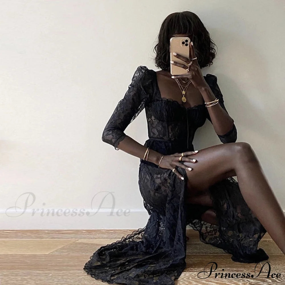 Black Lace Mesh Charming Long Sleeve Midi Dress