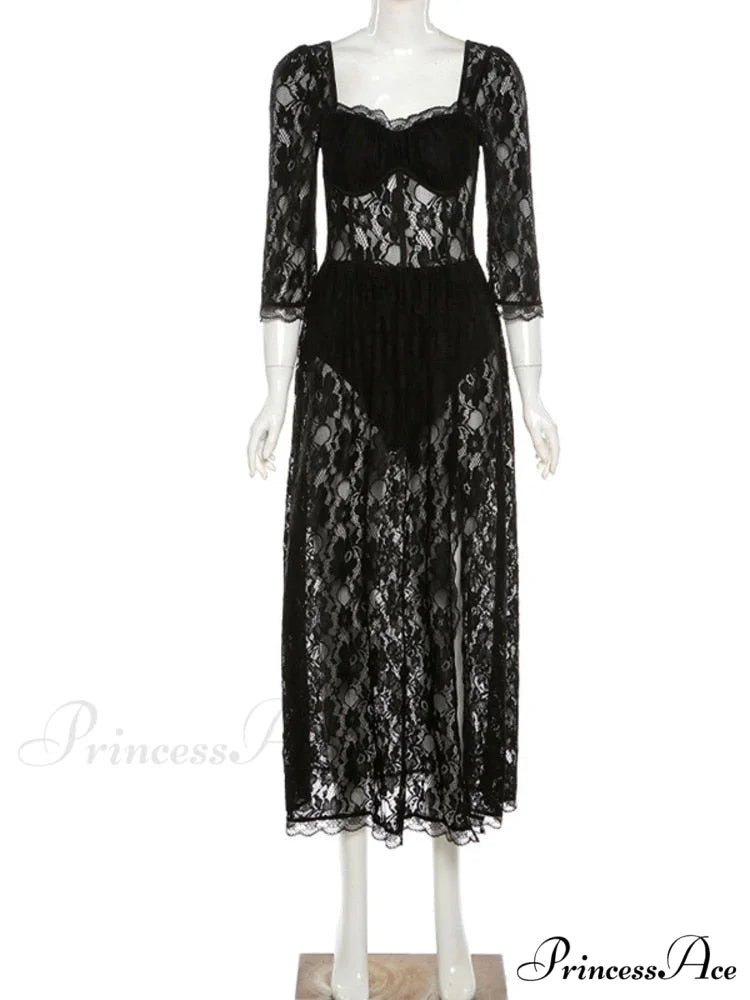 Black Lace Mesh Charming Long Sleeve Midi Dress