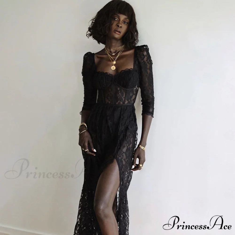 Black Lace Mesh Charming Long Sleeve Midi Dress Black / M