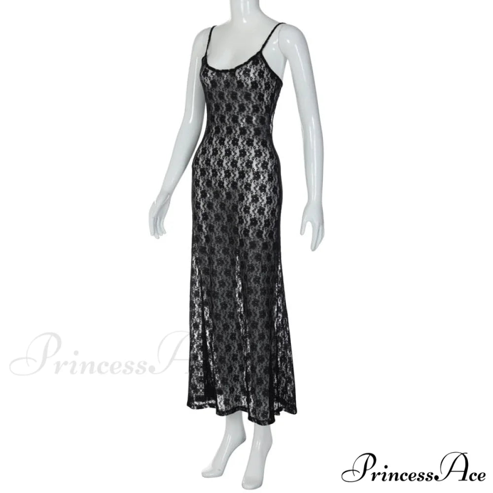 Black Lace Mesh Charming Strap Midi Dress