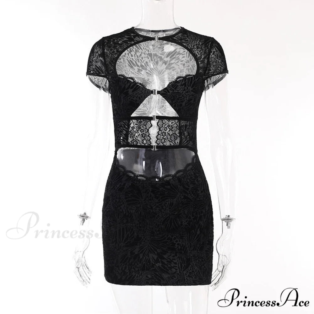 Black Lace Sheer Front Cut Trendy Out Design Short Sleeve Mini Dress