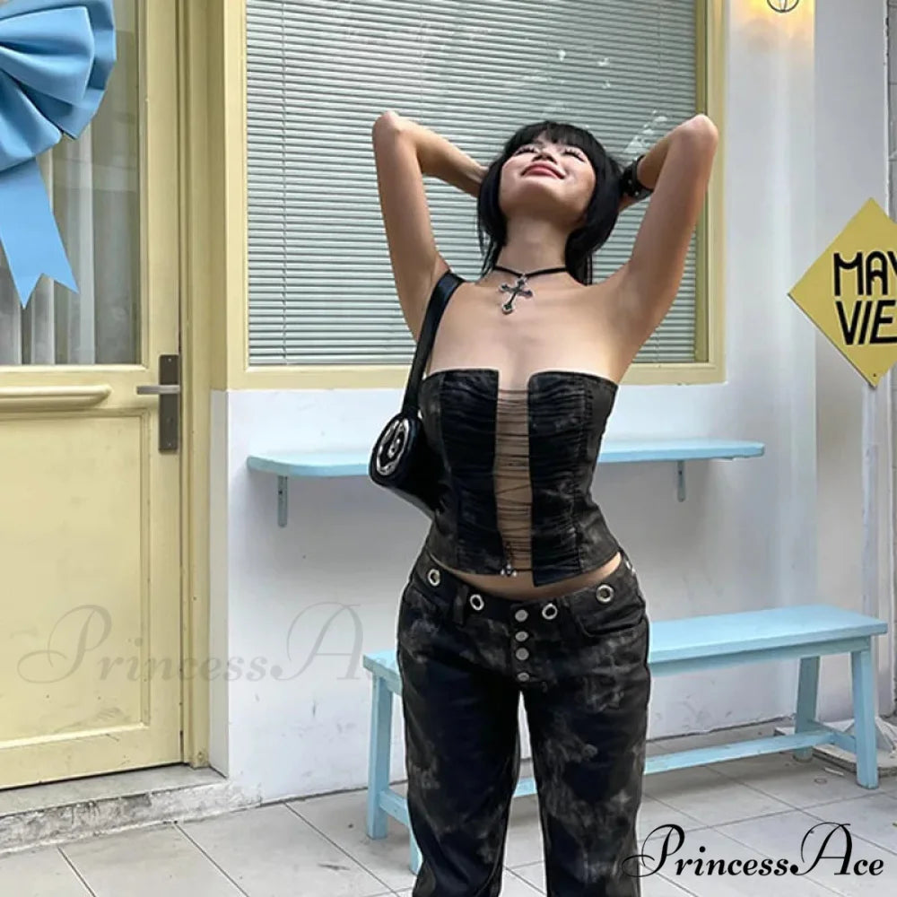 Black Lace Up Charming Tube Corset Top