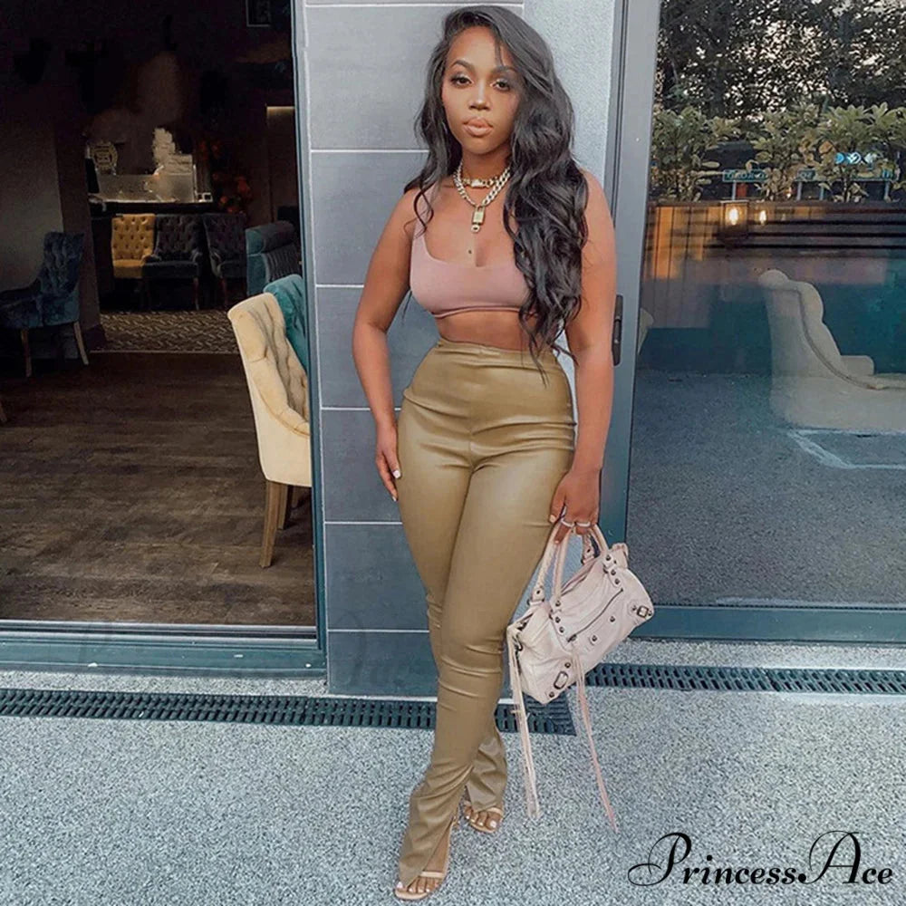 Black Leather Look Petite Faux Leather Leggings Lift Compression Pants Khaki / S