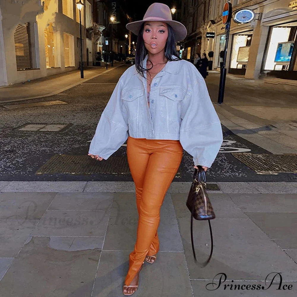 Black Leather Look Petite Faux Leather Leggings Lift Compression Pants Orange / S