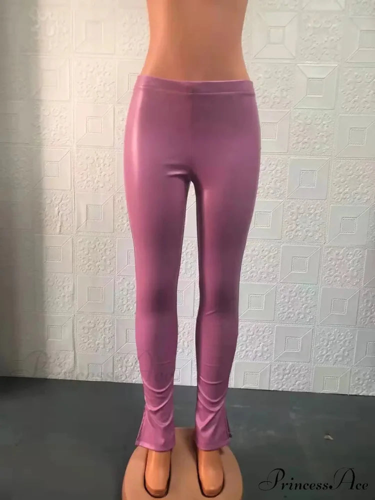 Black Leather Look Petite Faux Leather Leggings Lift Compression Pants Pink / S