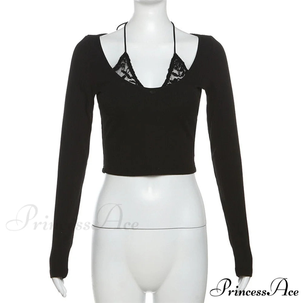 Black Long Sleeve Charming Lace Trim Halter Top