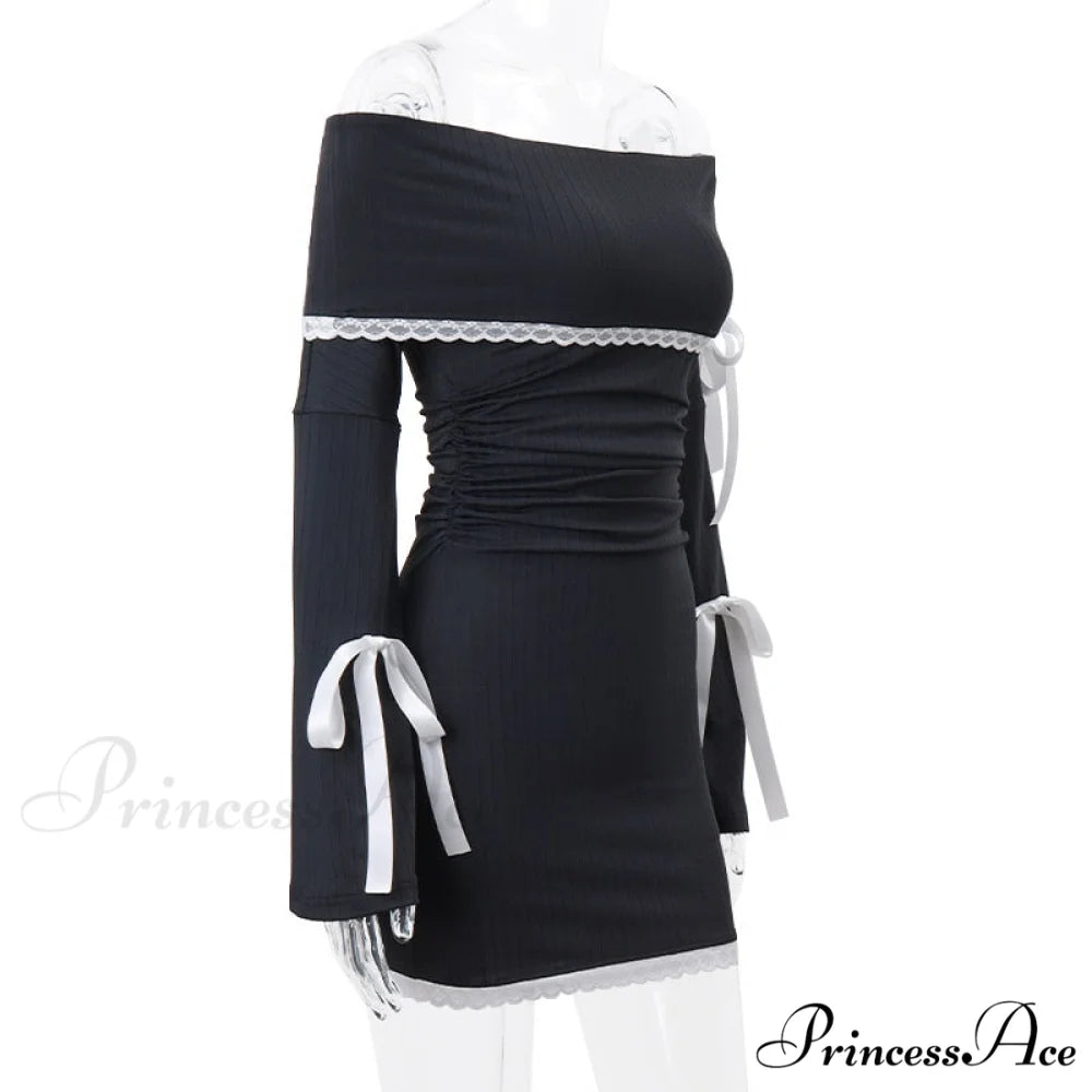 Black Long Sleeve Charming Off-shoulder Bow Mini Dress