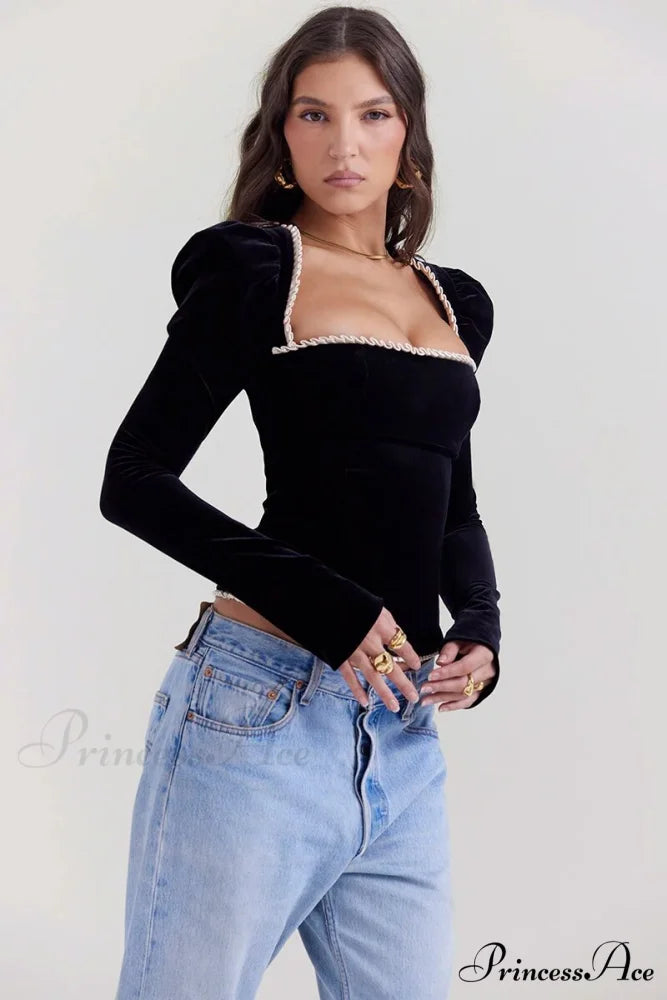Black Long Sleeve Square Graceful Neck Corset Tie Up Top Black / L