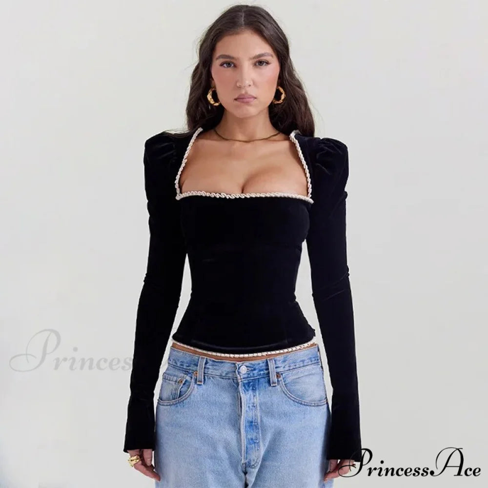 Black Long Sleeve Square Graceful Neck Corset Tie Up Top Black / M