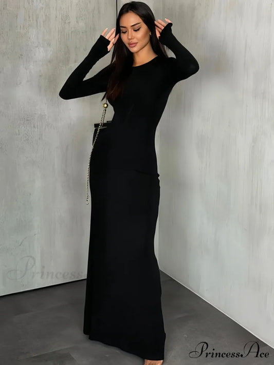 Black Maxi Dress with Long Sleeves and Sleek Silhouette S / Black