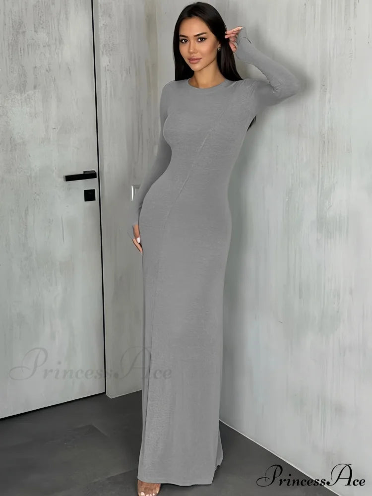 Black Maxi Dress with Long Sleeves and Sleek Silhouette S / Coffee