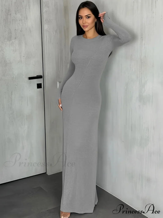 Black Maxi Dress with Long Sleeves and Sleek Silhouette S / Coffee