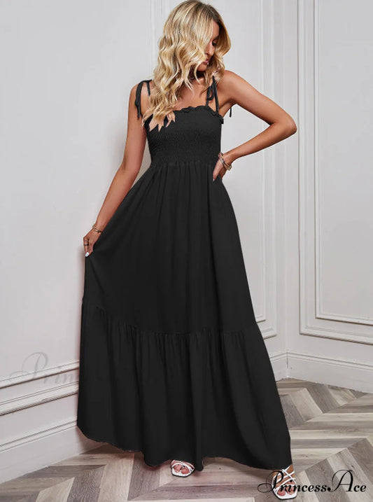 Black Maxi Dress with Tie Back and Ruffle Trim S / Black