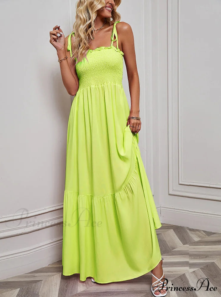 Black Maxi Dress with Tie Back and Ruffle Trim S / Light Green