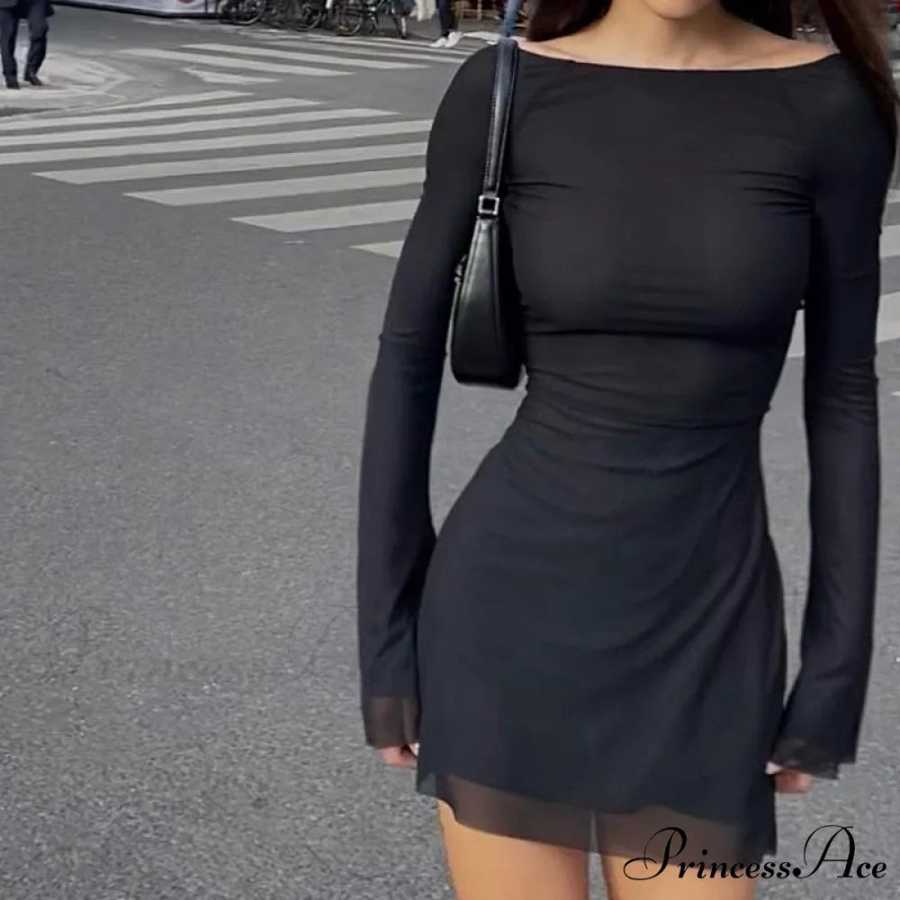 Black Mesh Long Charming Sleeve Backless Mini Dress Black / S