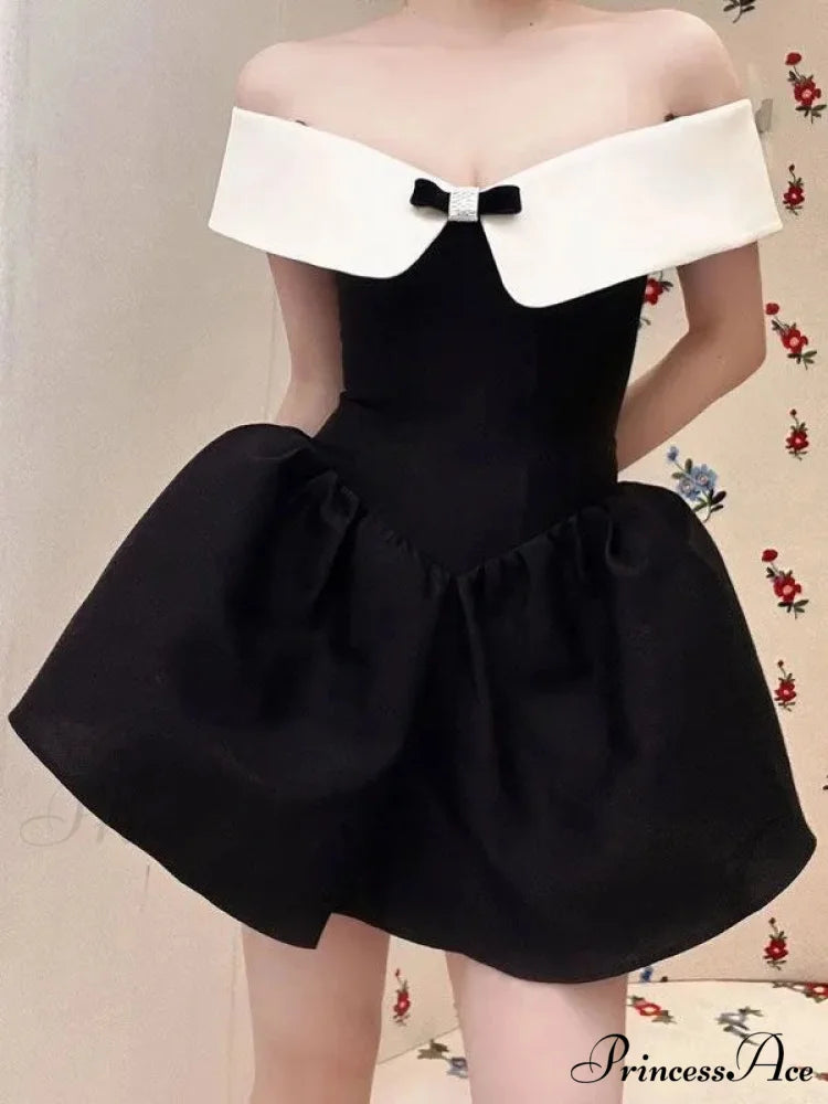 Black Off-Shoulder Contrast Charming Collar Mini Dress black / S