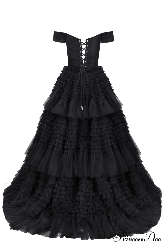 Black Off-The-Shoulder Stylish Frill-Layered Gown S / Black