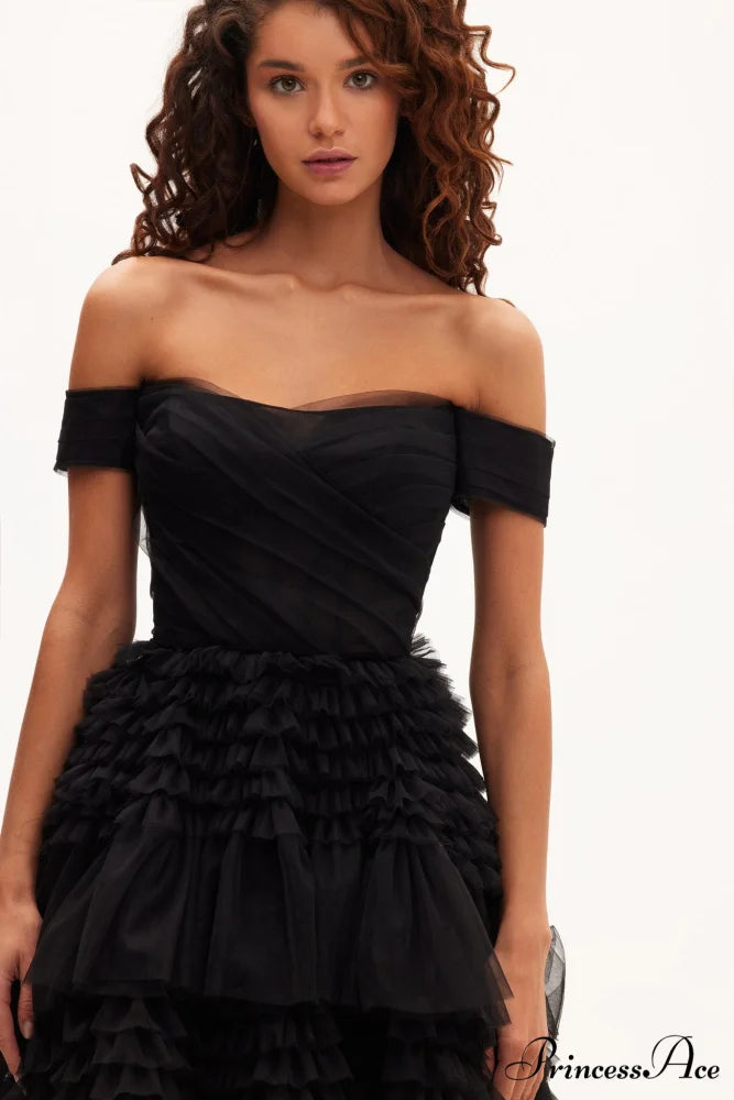 Black Off-The-Shoulder Stylish Frill-Layered Gown XL / Black