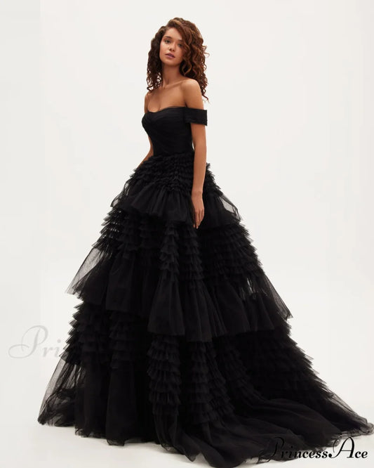 Black Off-The-Shoulder Stylish Frill-Layered Gown XS / Black