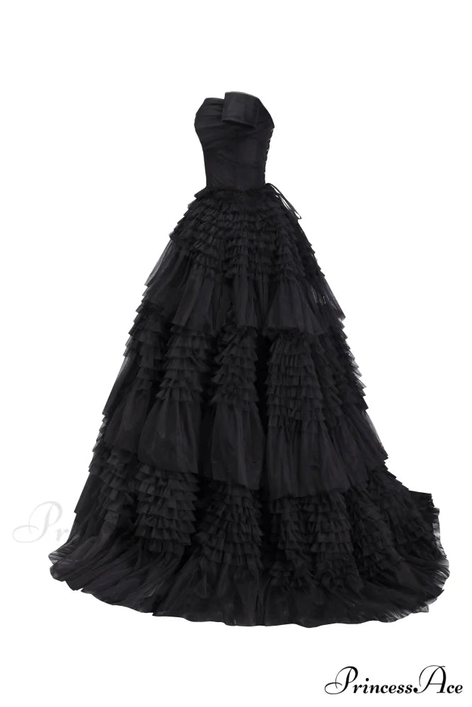 Black Off-The-Shoulder Stylish Frill-Layered Gown XXL / Black