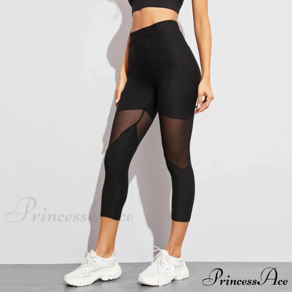 Black Patchwork Mesh Capris Leggings