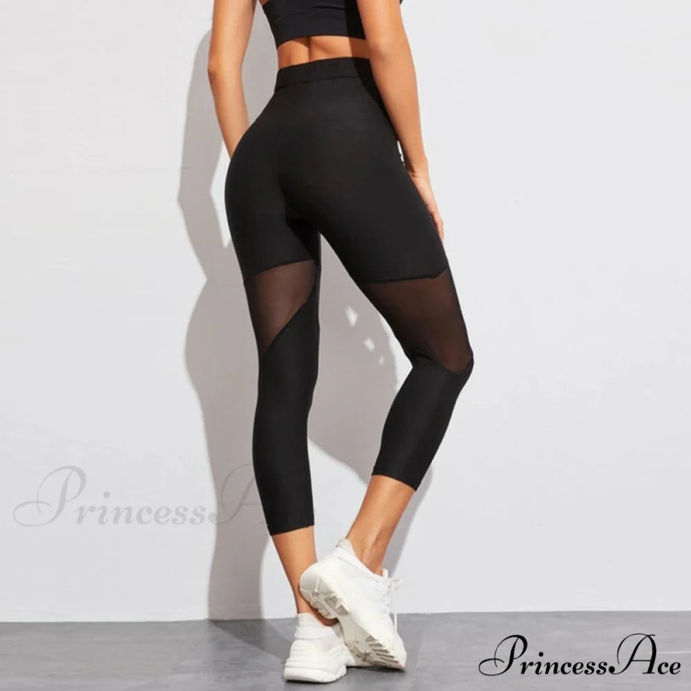 Black Patchwork Mesh Capris Leggings