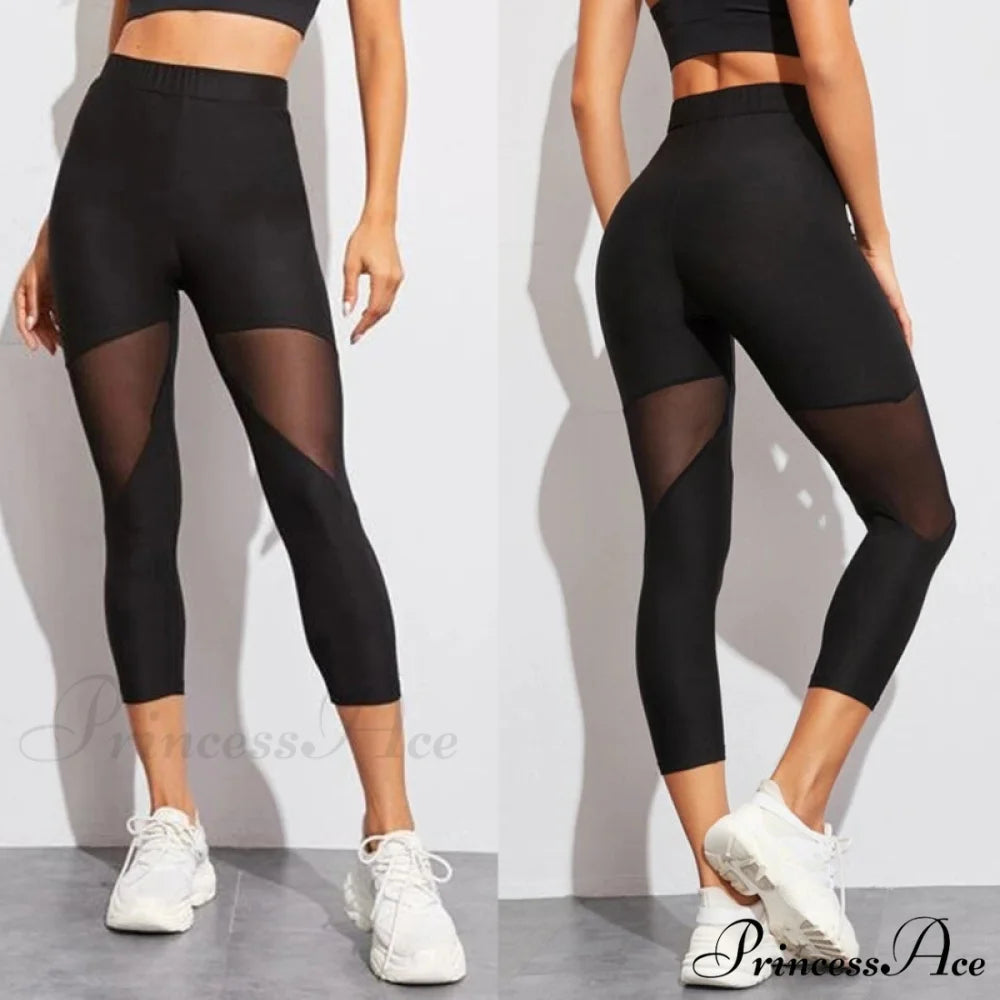 Black Patchwork Mesh Capris Leggings