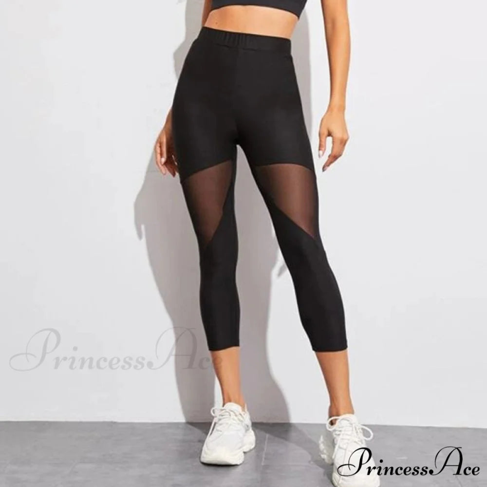 Black Patchwork Mesh Capris Leggings Black / S