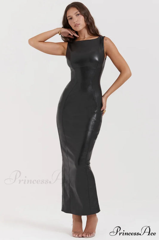Black Plain Stylish Leather Maxi Dress