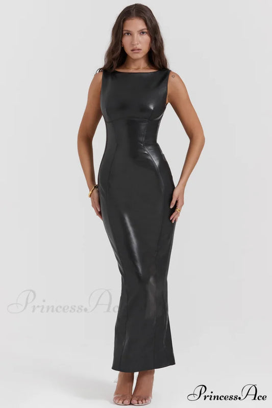 Black Plain Stylish Leather Maxi Dress XS / Black