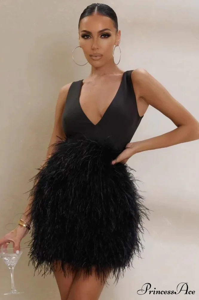 Black Plunge Stylish Front Mini Dress S / Black