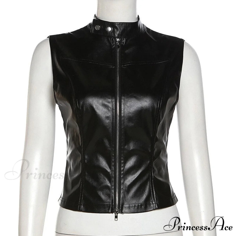 Black Pu Leather Charming Moto Zipper Tank Top