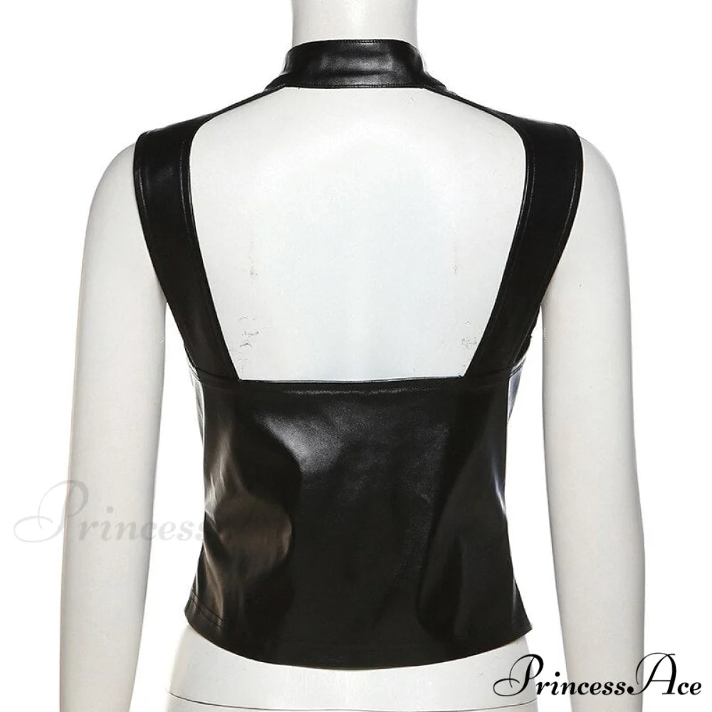 Black Pu Leather Charming Moto Zipper Tank Top