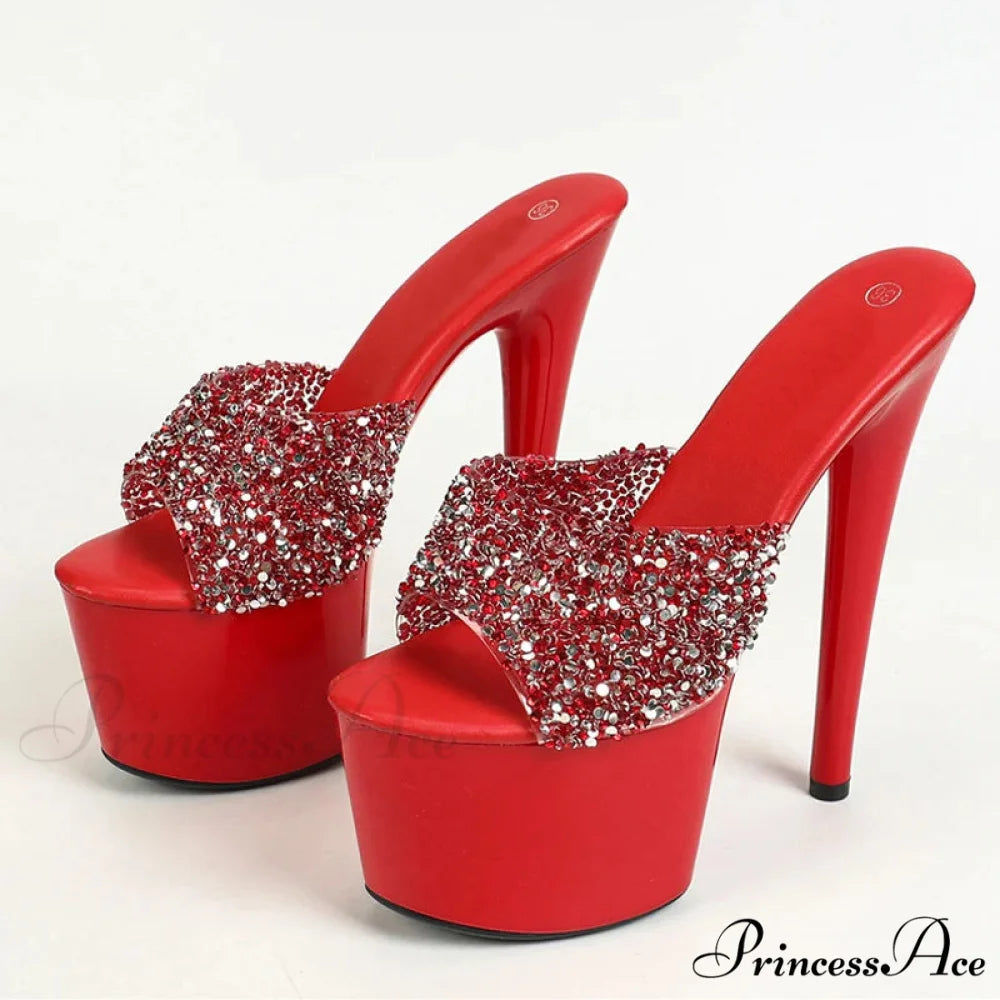 Black Red Sequined Transparent Platform Peep-Toe SexyFashionable Slippers Stripper High Heel Red / 34