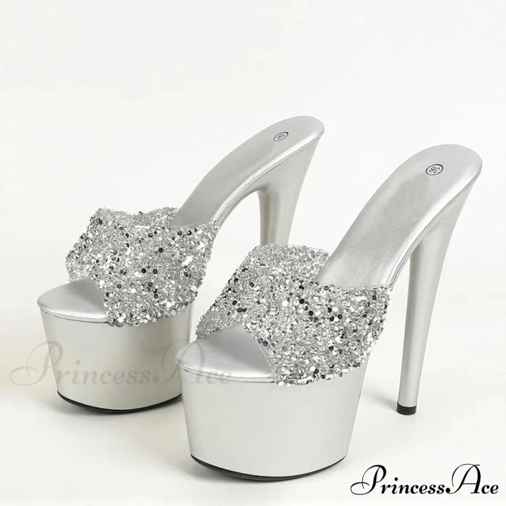 Black Red Sequined Transparent Platform Peep-Toe SexyFashionable Slippers Stripper High Heel Silver / 34