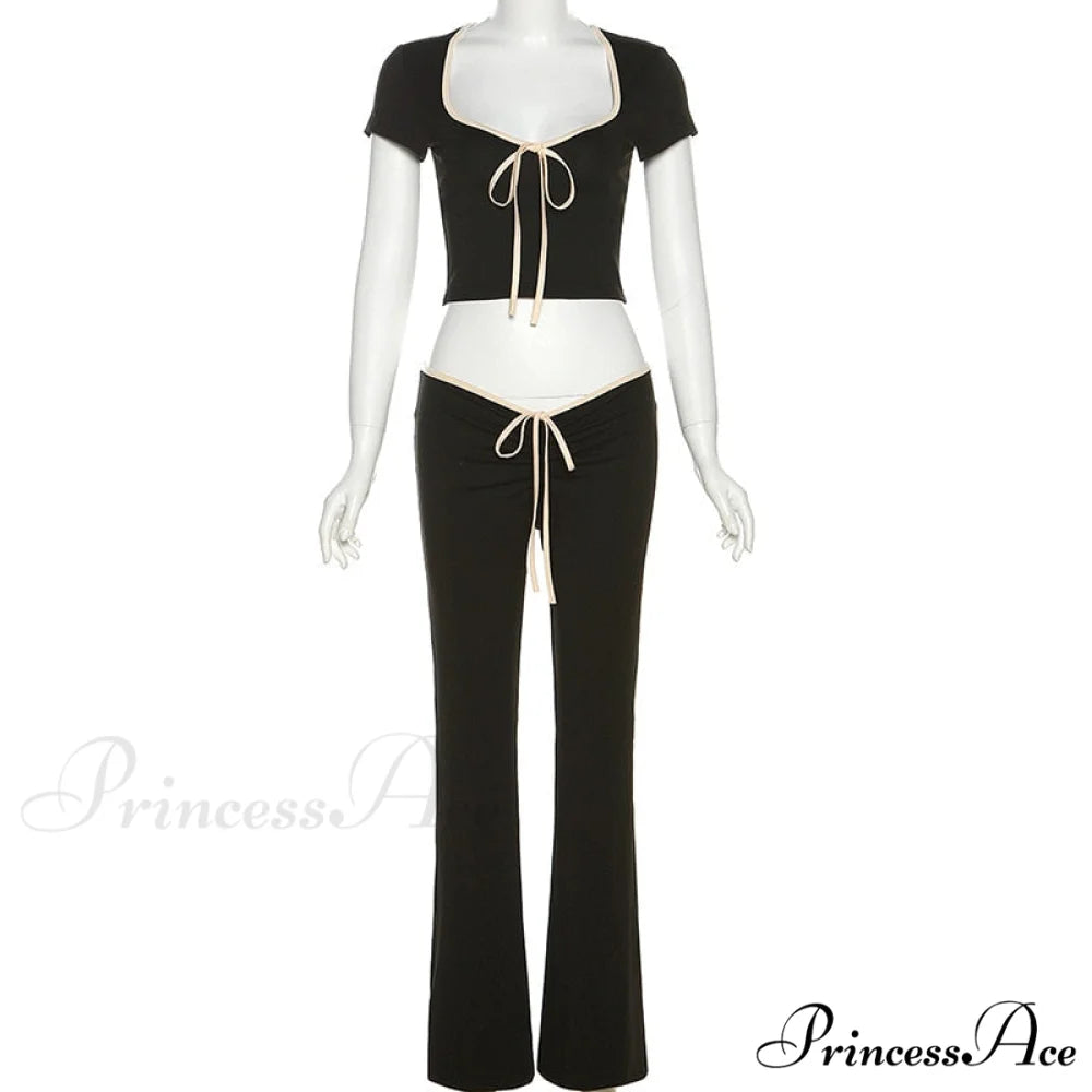 Black Ribbon Tie-Up Top Graceful And Pants Two Piece Set