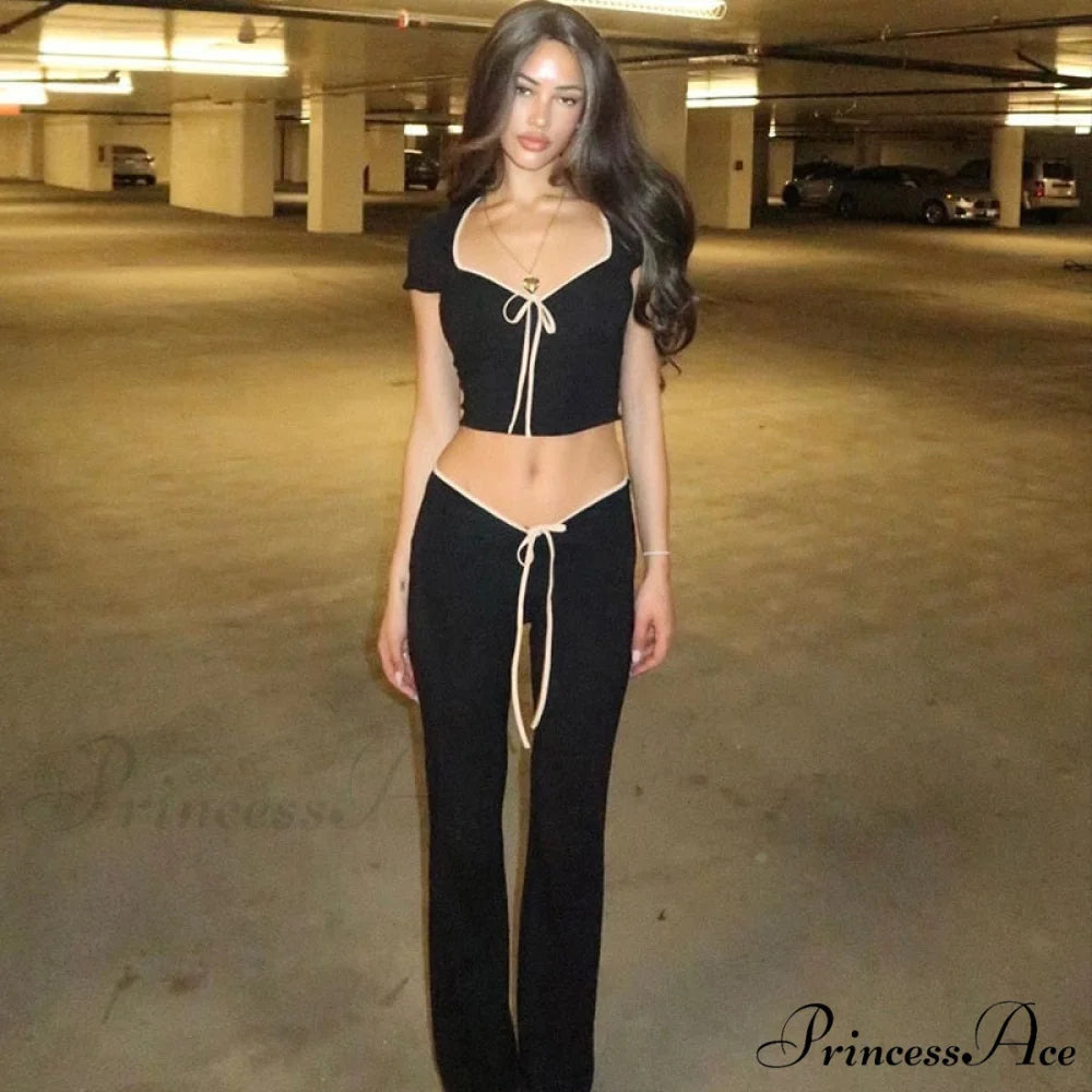 Black Ribbon Tie-Up Top Graceful And Pants Two Piece Set