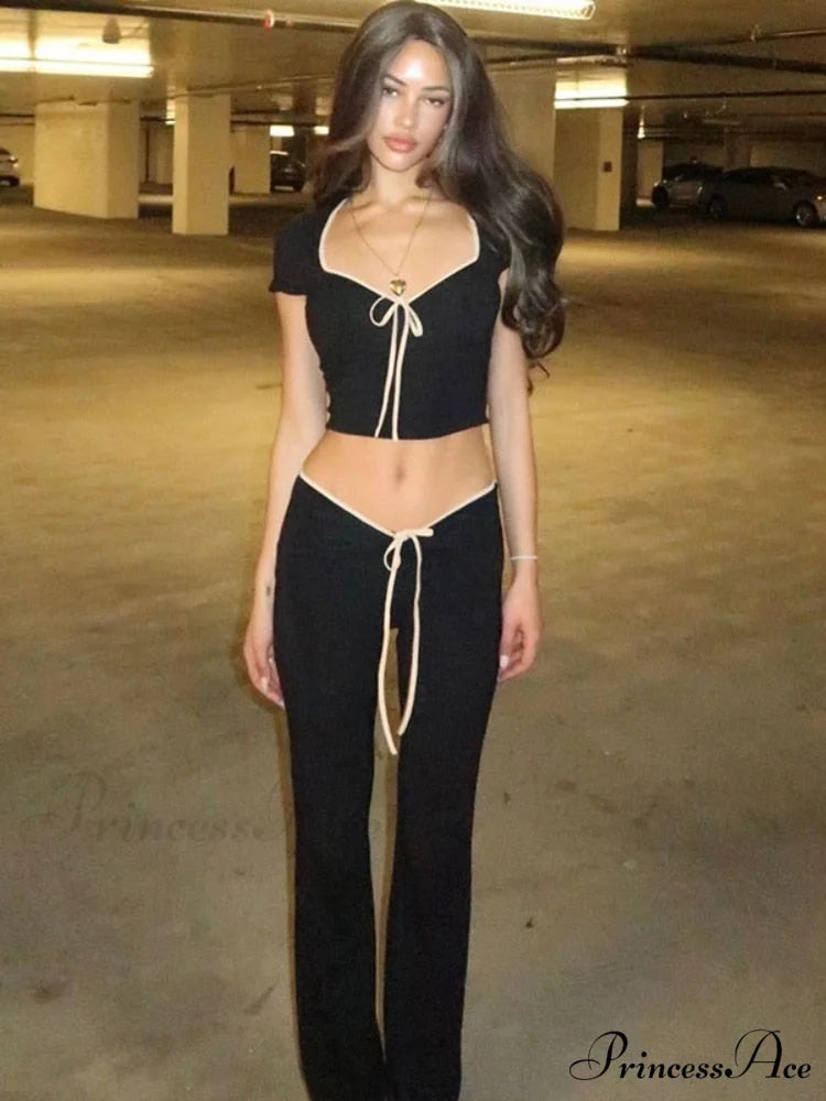 Black Ribbon Tie-Up Top Graceful And Pants Two Piece Set Black / S