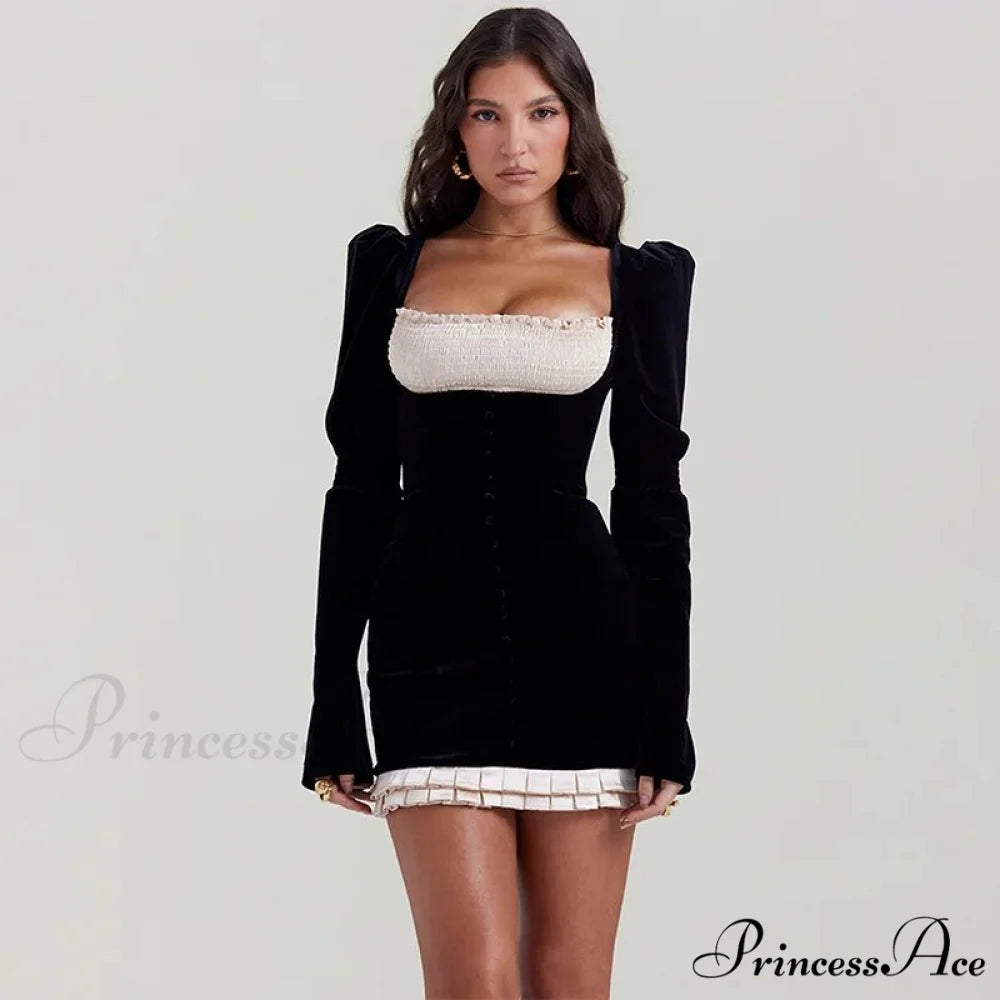 Black Ruched Long Charming Sleeve Mini Dress Black / S