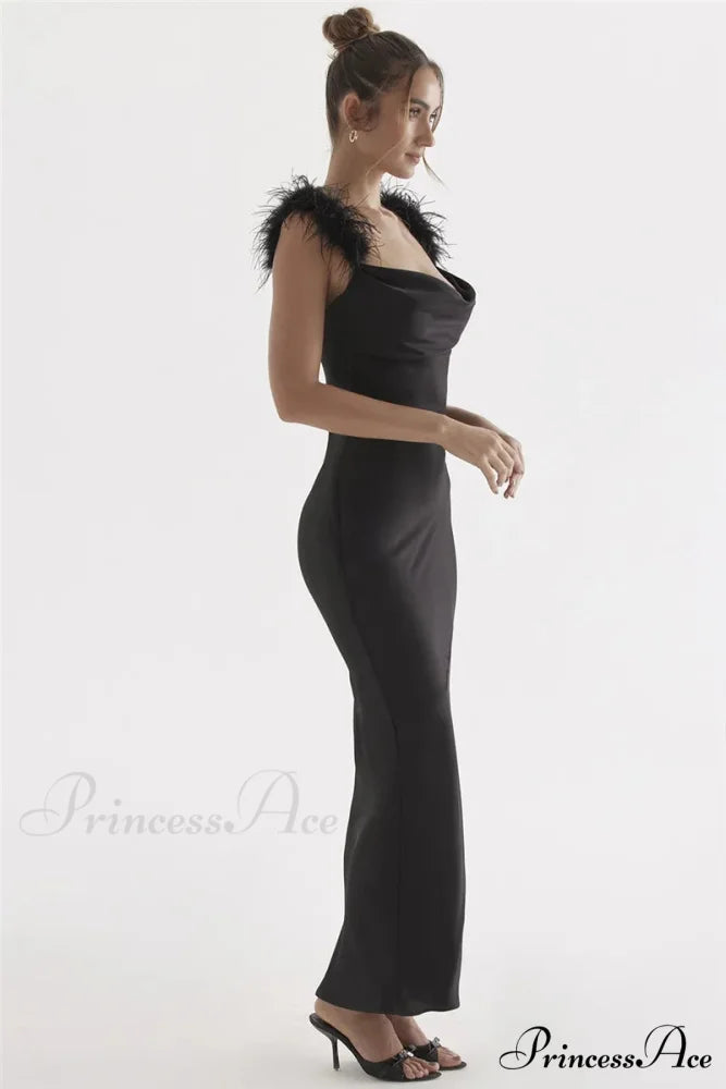 Black Satin Feather Charming Strap Maxi Dress