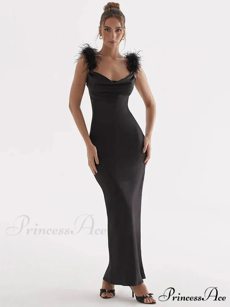 Black Satin Feather Charming Strap Maxi Dress