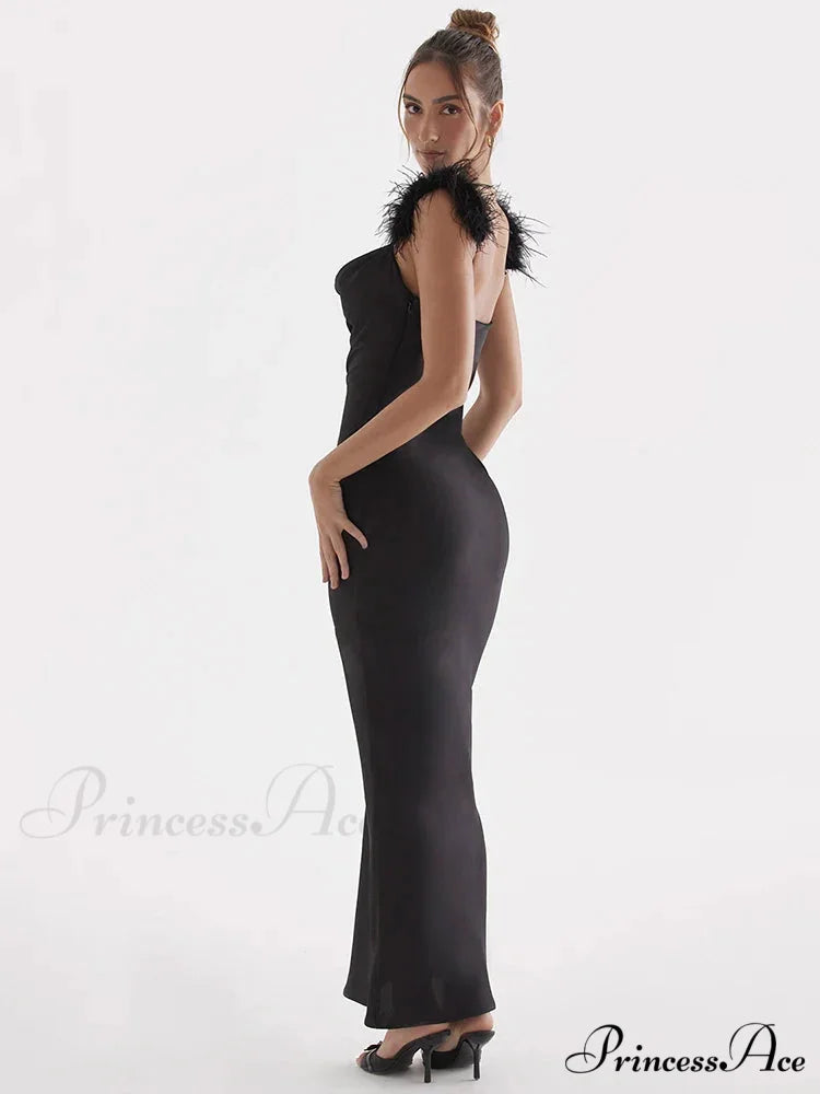 Black Satin Feather Charming Strap Maxi Dress