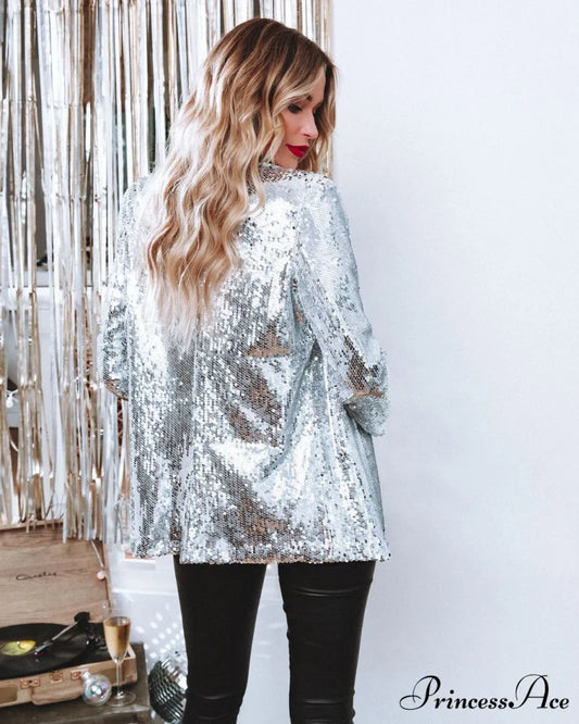 Black Sequin Shinny Shirt Coat