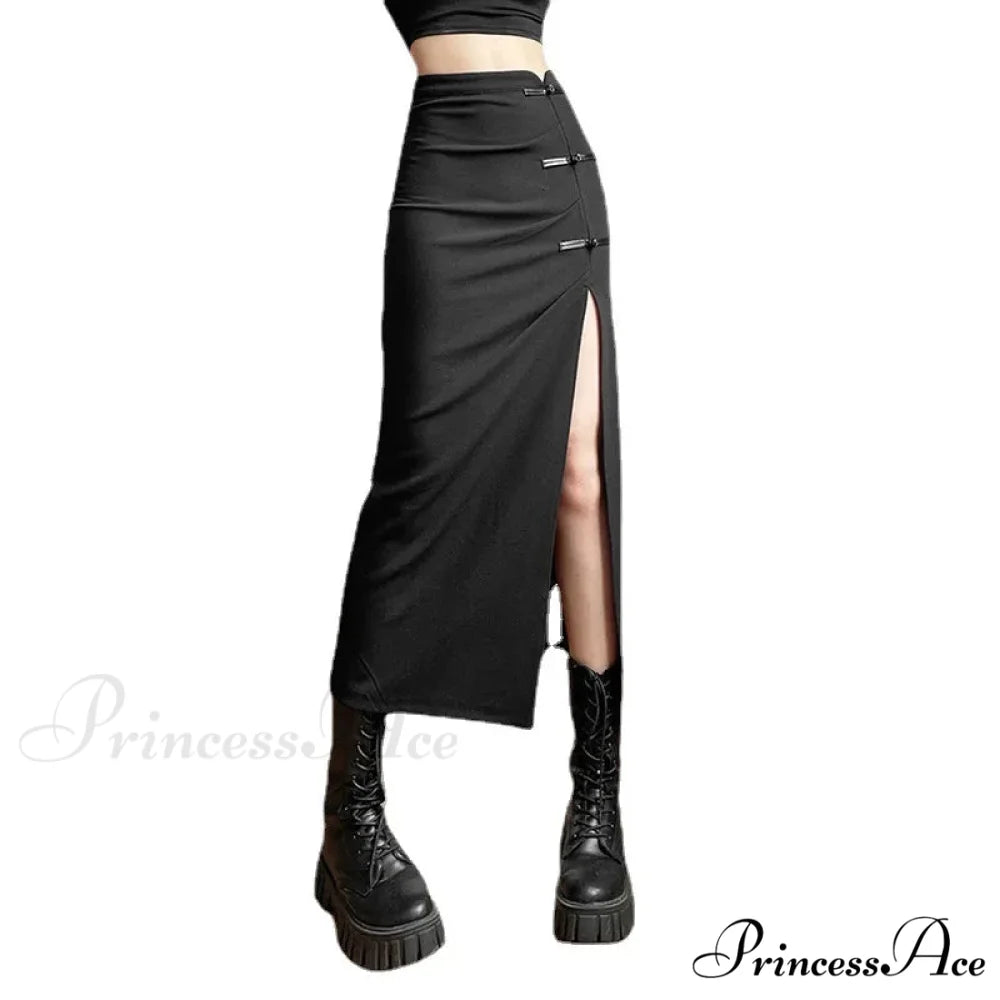 Black Sexy Women A-line Slits High Waist Slim Hip-covering Solid Mid-length Long Streetwear Skirt BLACK / S