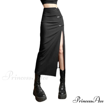 Black Sexy Women A-line Slits High Waist Slim Hip-covering Solid Mid-length Long Streetwear Skirt BLACK / S