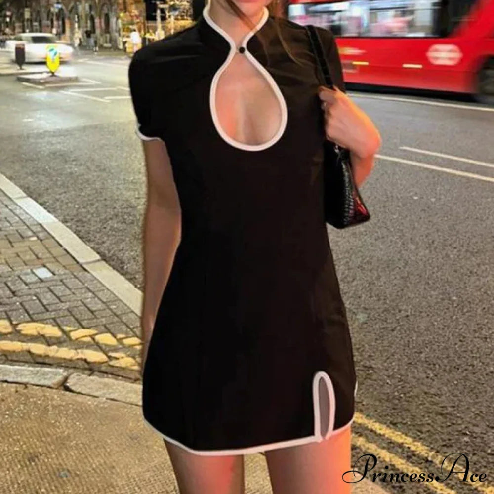 Black Short Sleeve Charming White Trim Mini Dress black / S